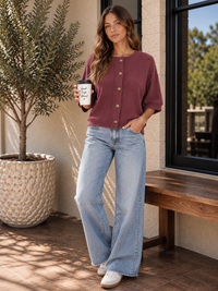 Plum Button-Down Short Sleeve Waffle Top