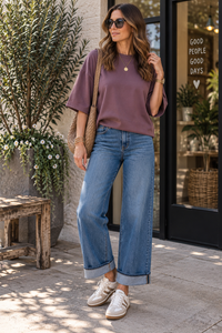 Mauve Washed Crew Neck Relaxed Fit Top