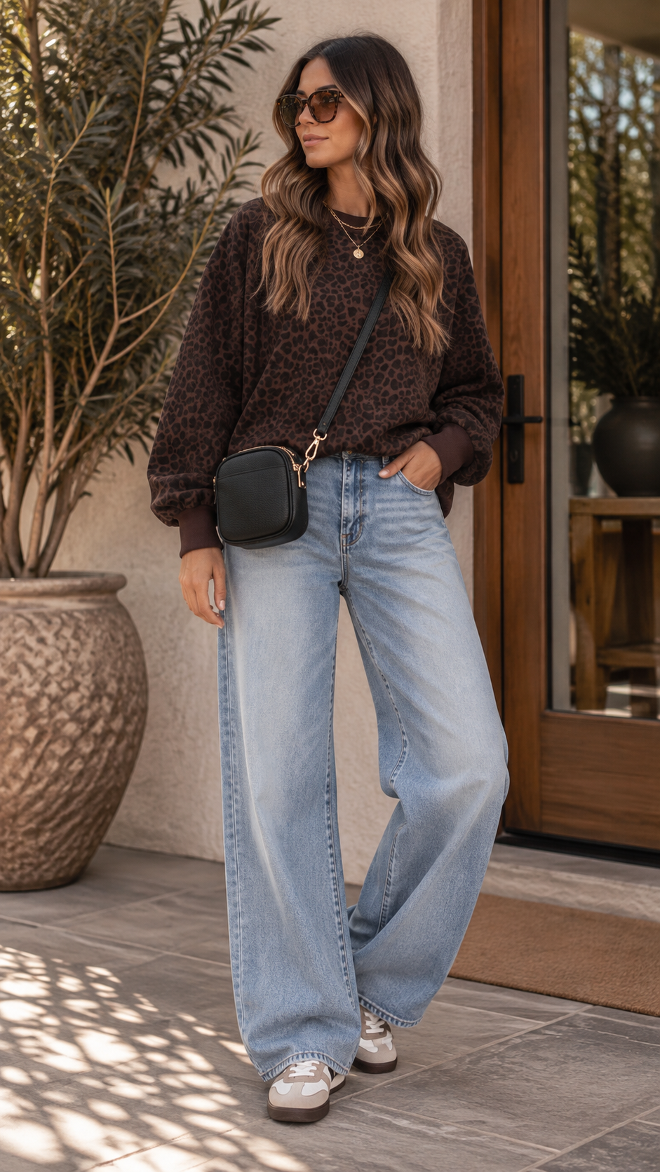 Brown Leopard Crew Lightweight Top