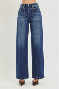 Risen | Dark High Rise Wide Leg Jeans w/ Front Patch Pocket Jeans