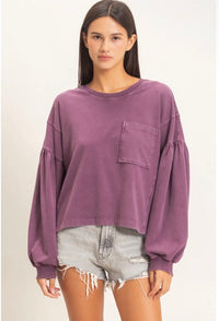 Plum Mineral Wash Puff Sleeve Boxy Top