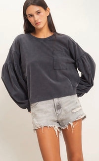 Washed Black Mineral Wash Puff Sleeve Boxy Top