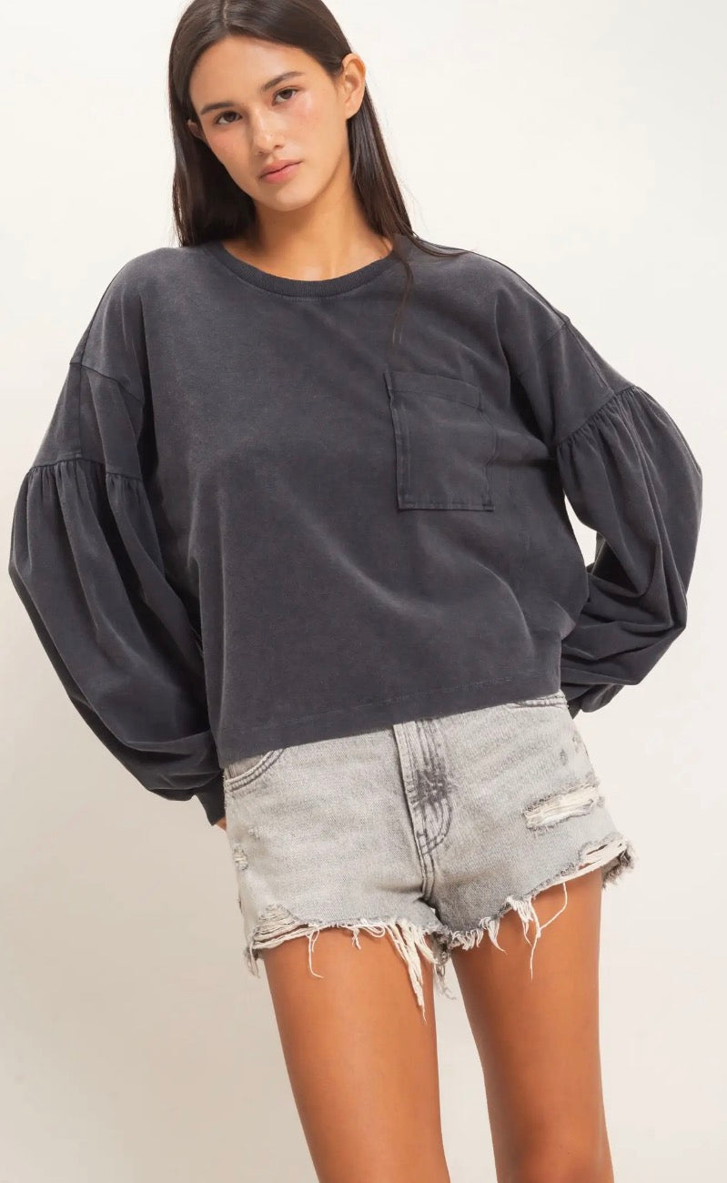 Washed Black Mineral Wash Puff Sleeve Boxy Top