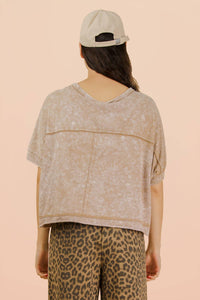 Taupe Mineral Washed Oversized Crop Comfy Knit Top