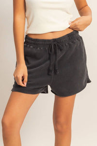 Black Acid Washed Elastic Waist Shorts