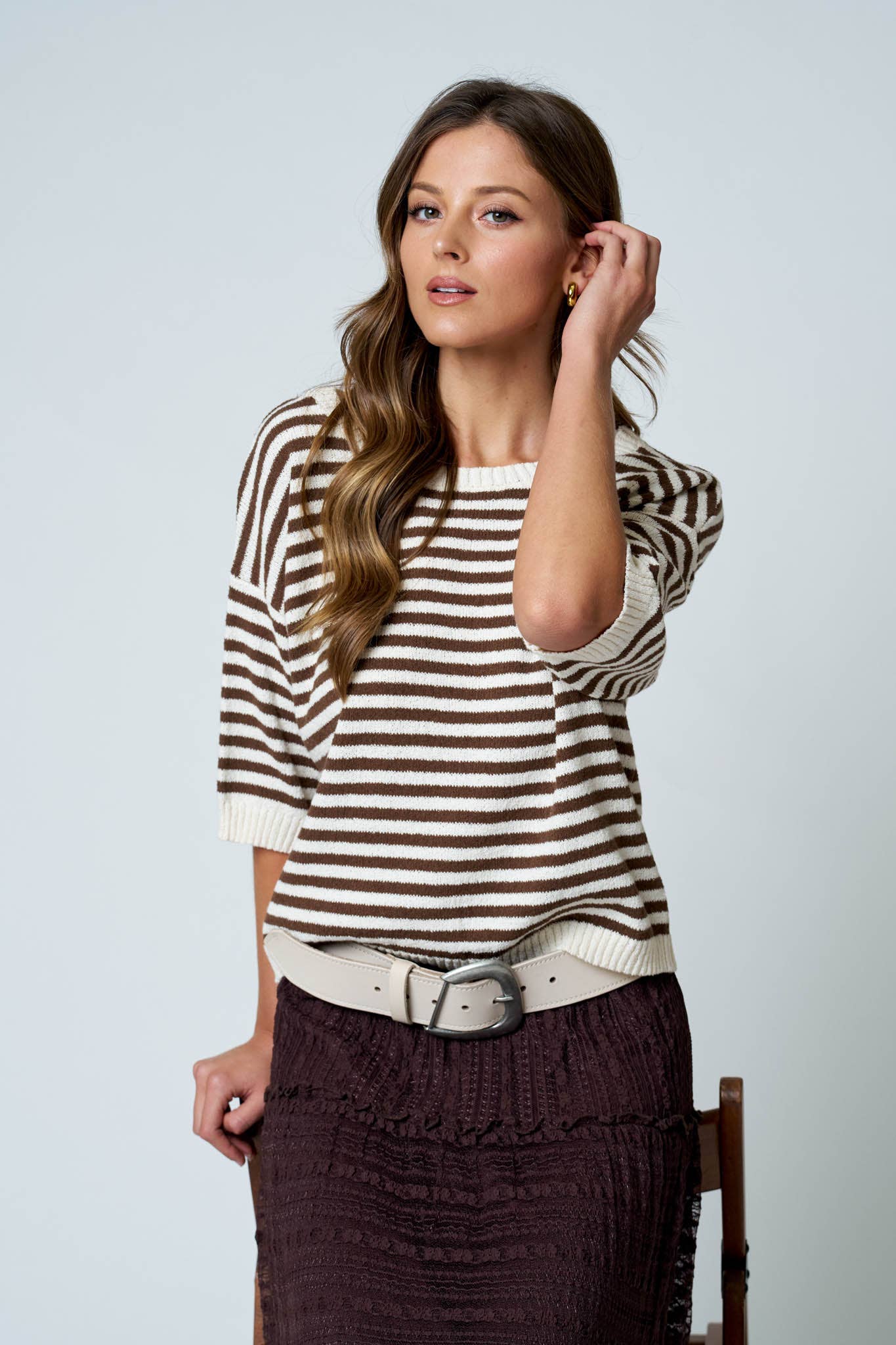 Brown Stripe Contrast Trim Short Sleeve Knit Sweater