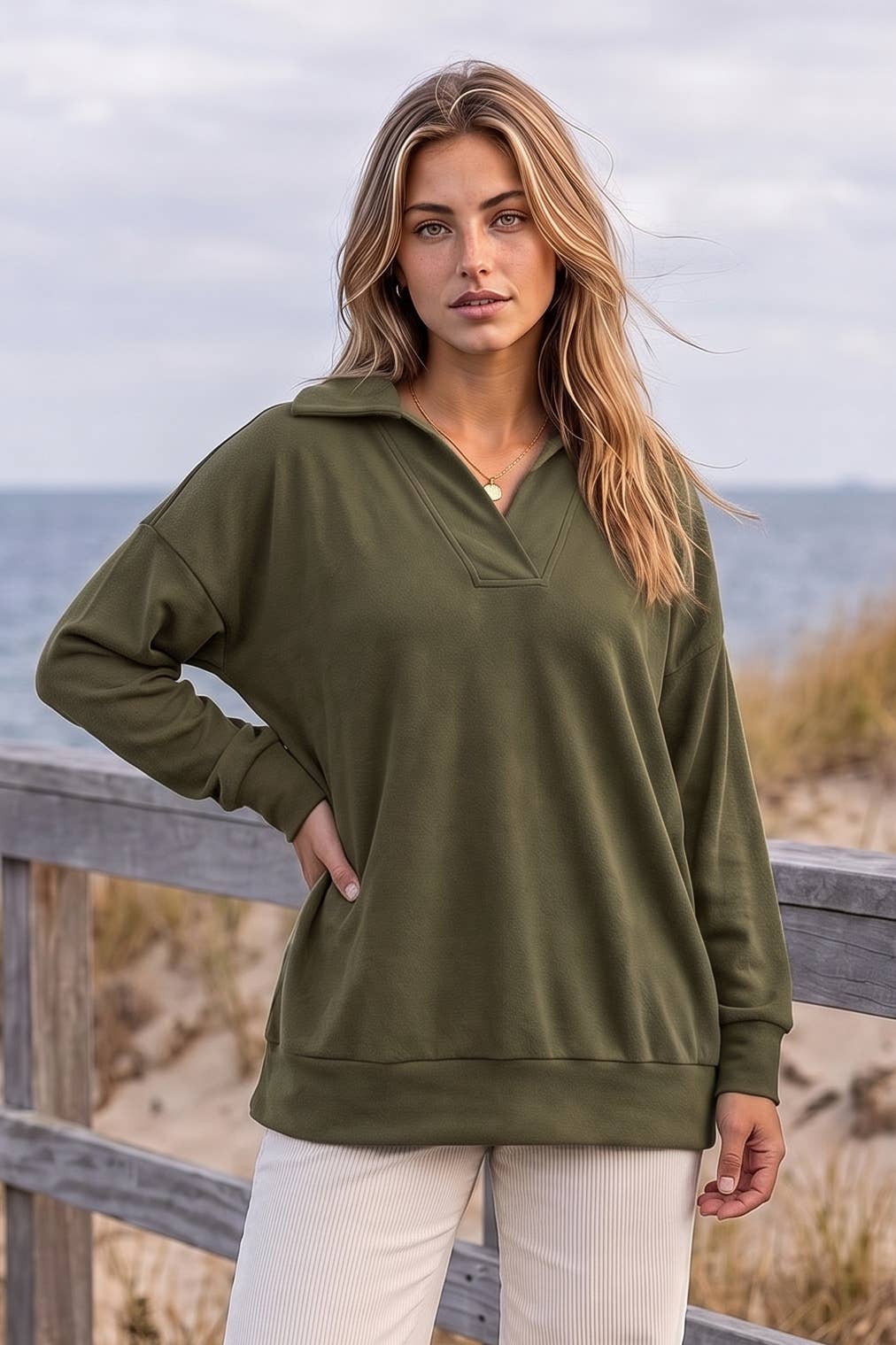 Hunter Green Collared V-Neck Pullover