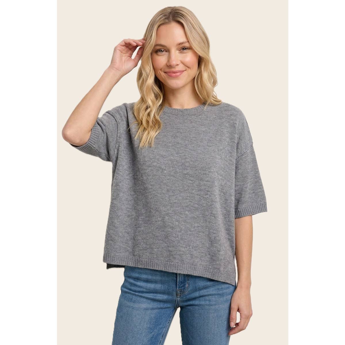 Heather Grey 3/4 Sleeve Solid Sweater