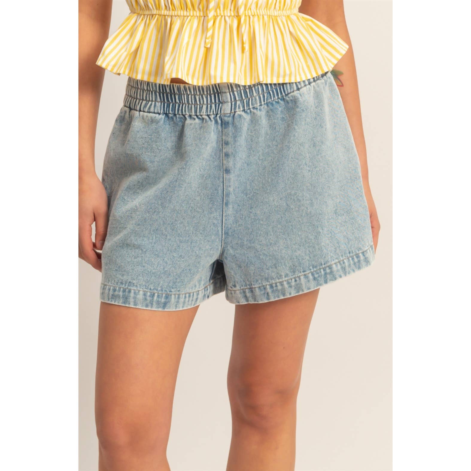 Elastic Waist Mineral Wash Denim Shorts