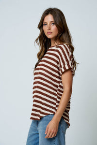 Brown Textured Stripe Round Neck Dolman Sleeve Knit Top