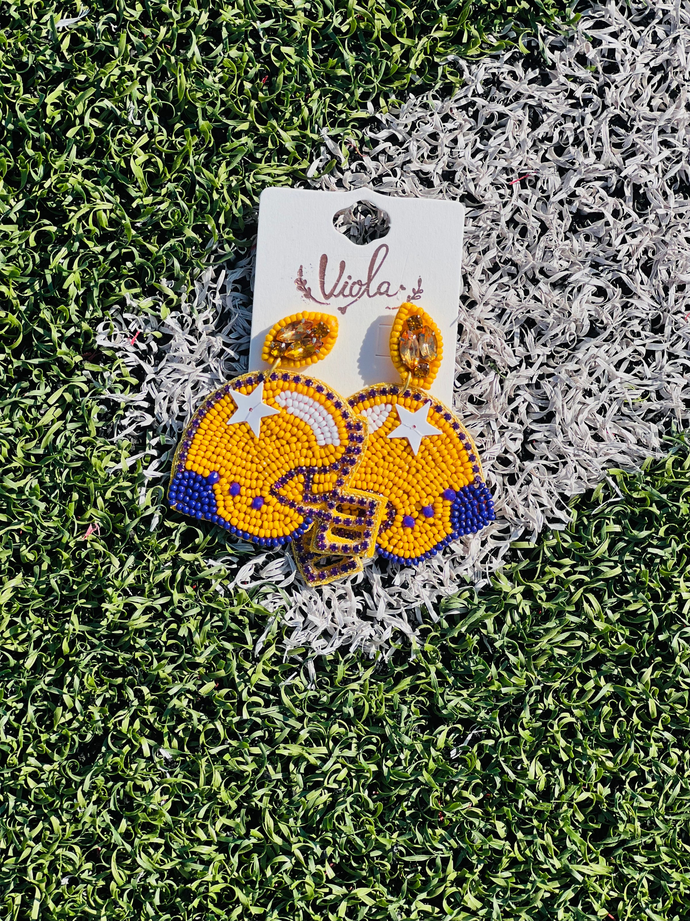 Purple & Gold Star Helmet Bead Earrings