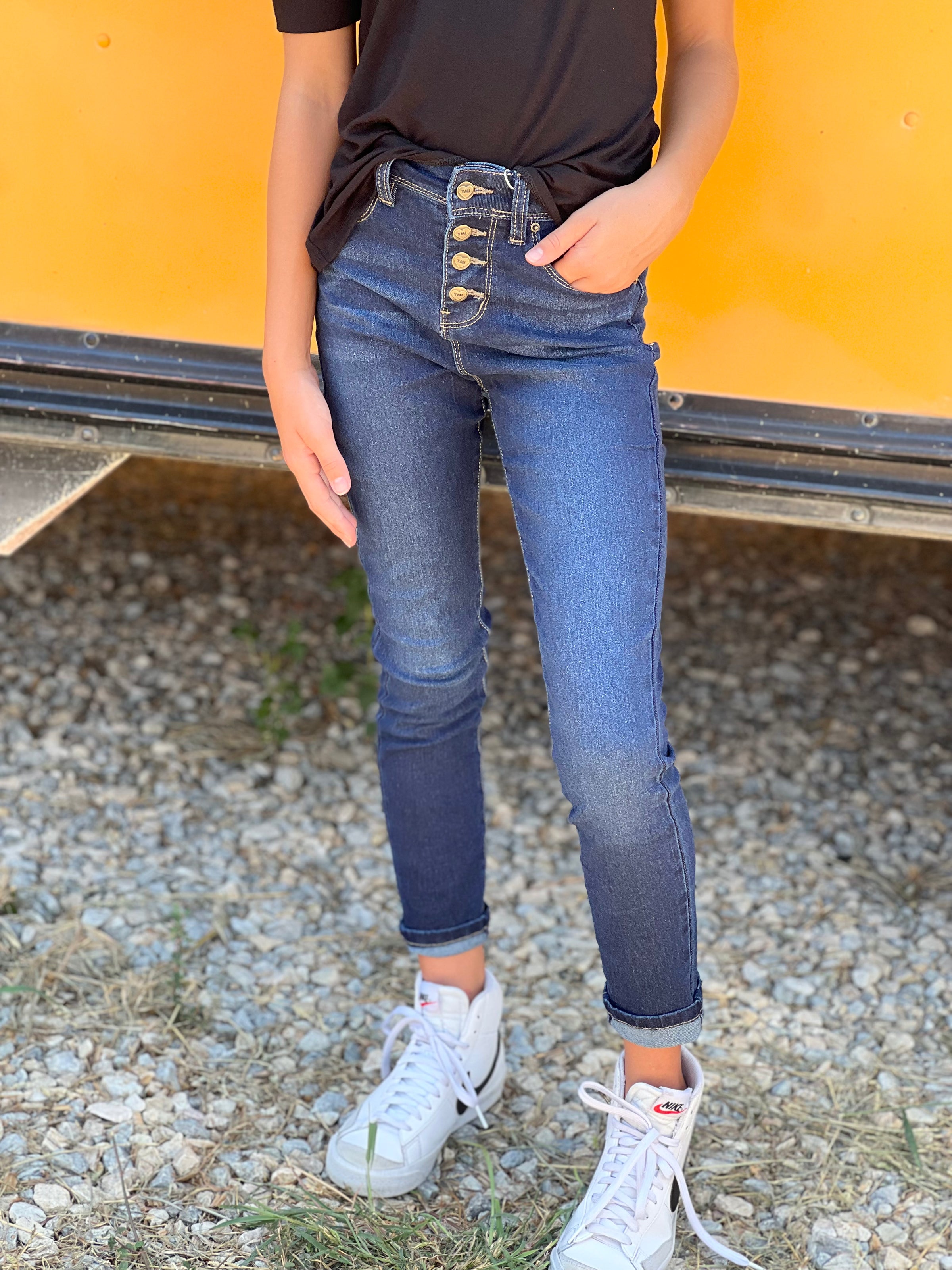 Youth Dark Indigo Exposed Button Hi Rise Skinny Jeans