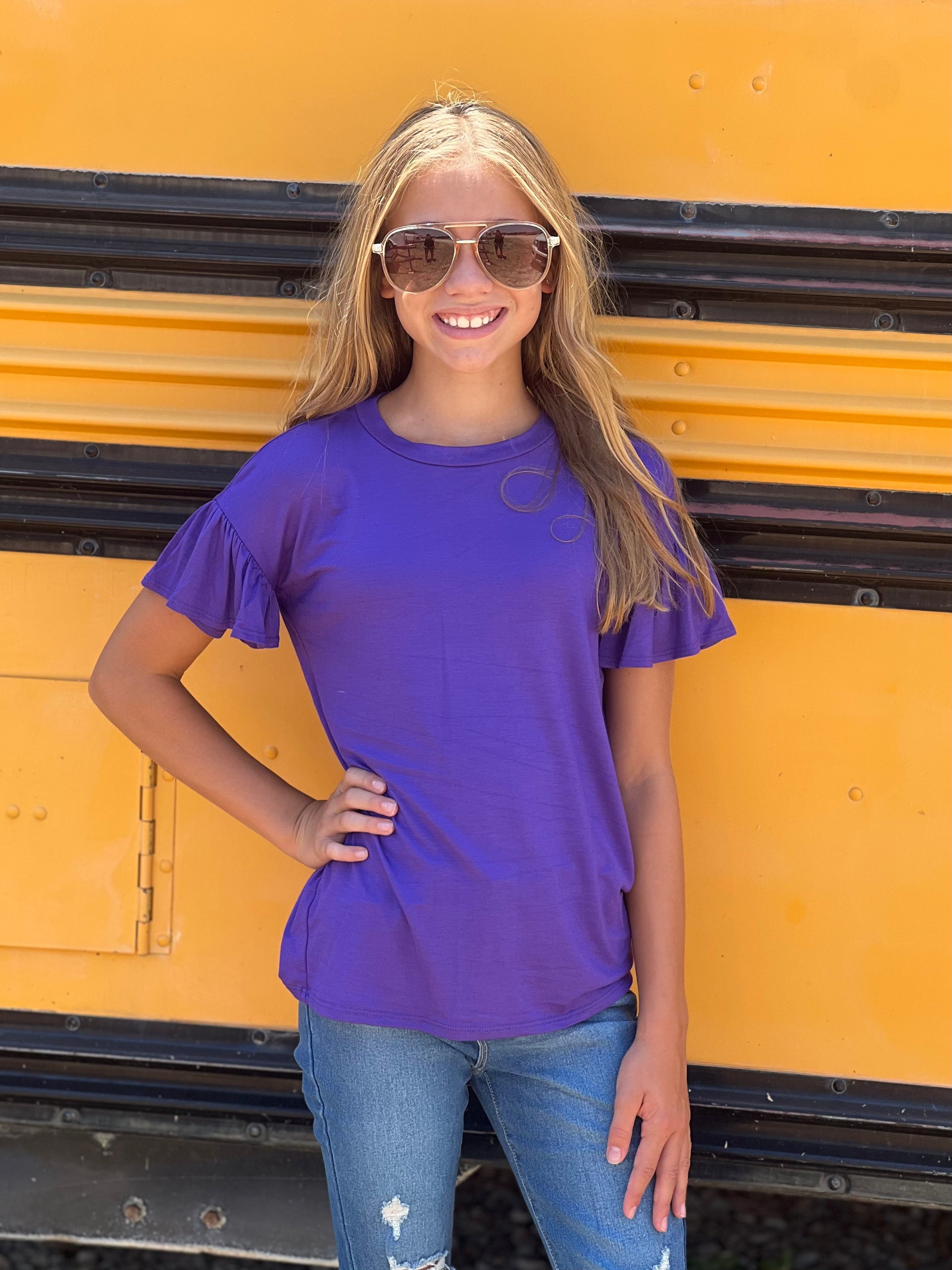 Youth Purple Solid Ruffle Sleeve Top