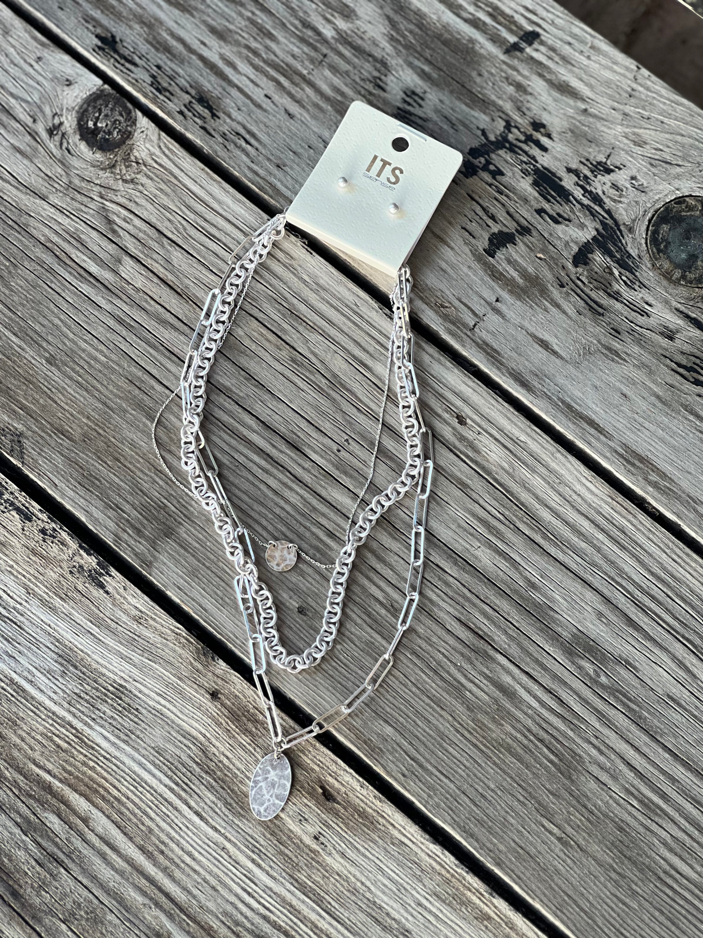 Hammered Charm Paperclip Tri Layered Necklace Set