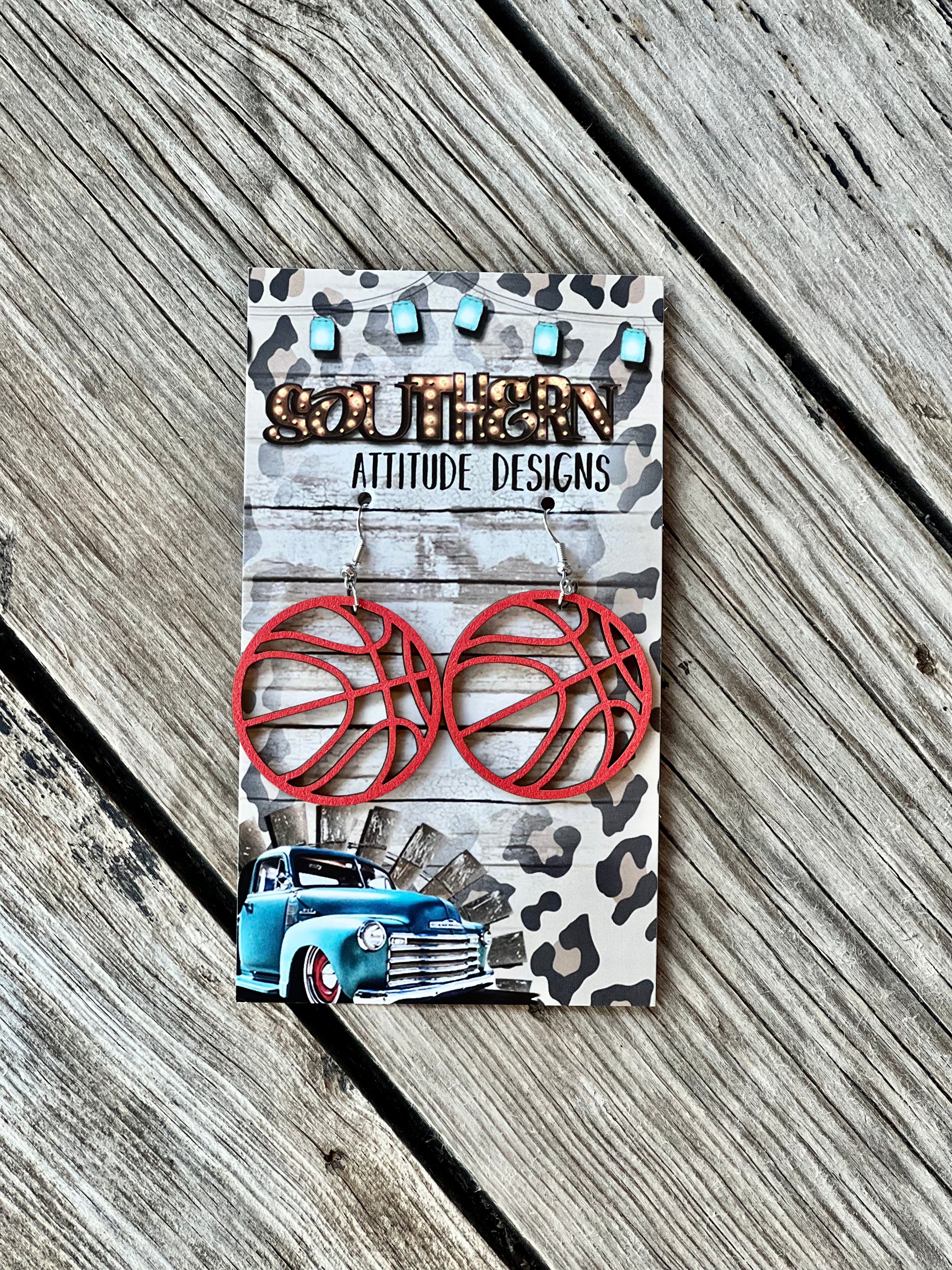 Red Wood Basketball Earrings