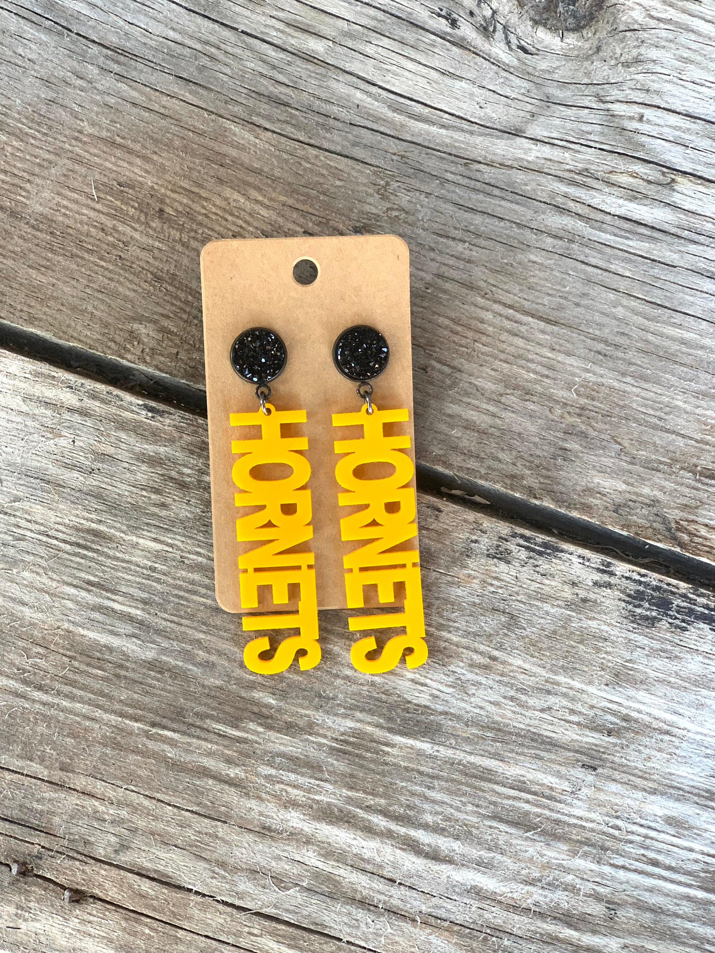 Gold Hornets w/Blk Druzy Mascot Earrings