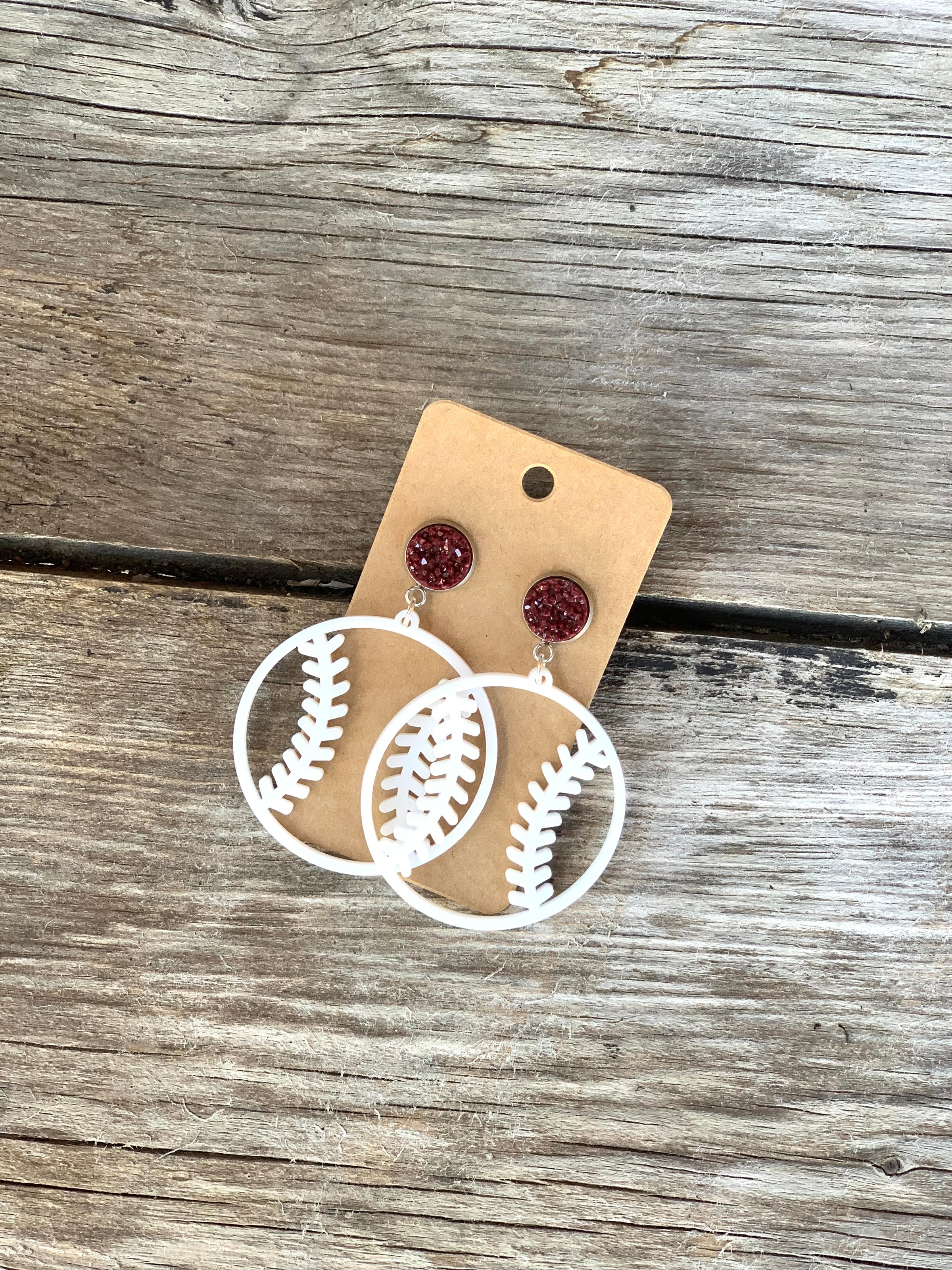 Baseball w/Maroon Druzy Earrings
