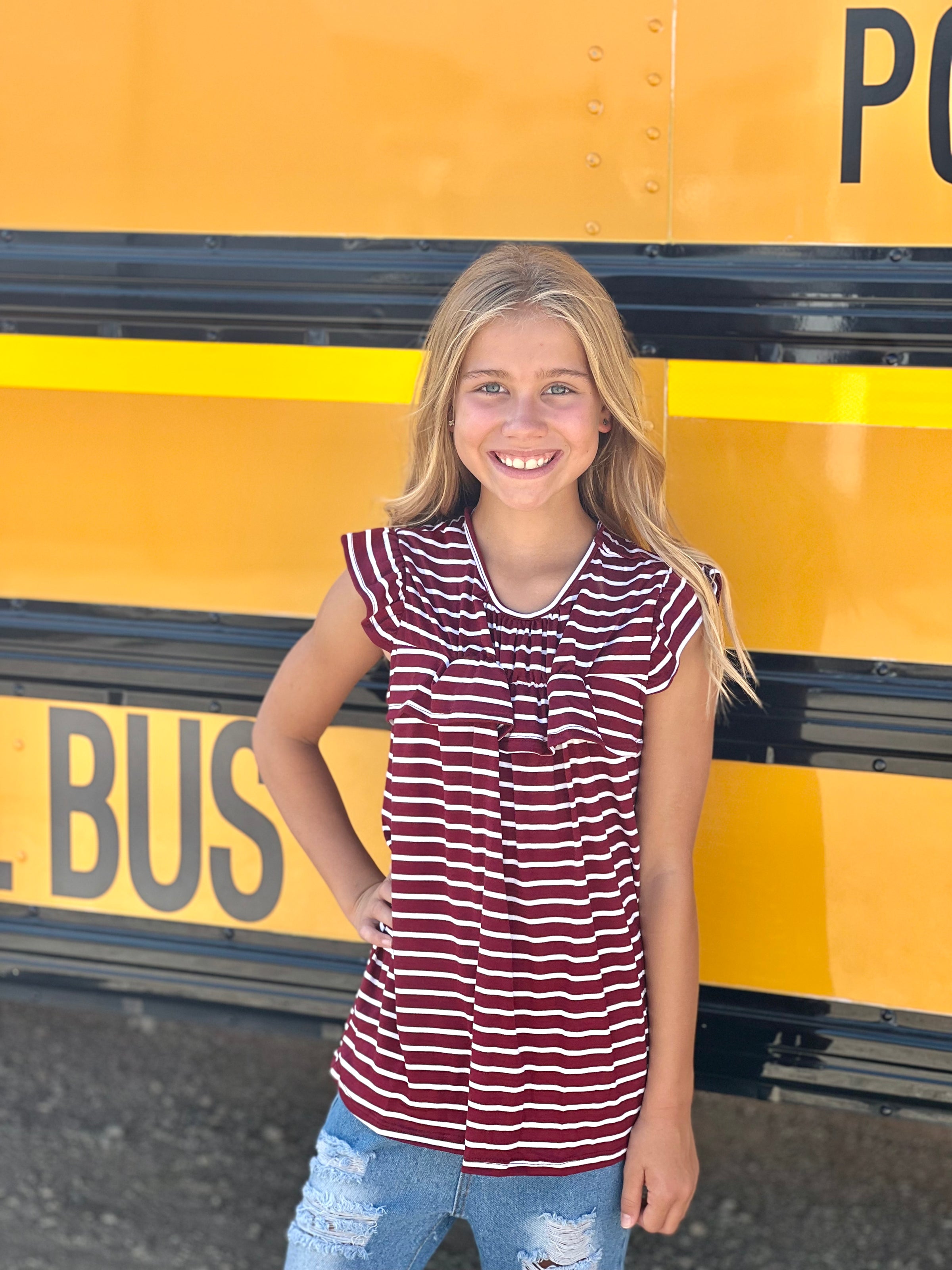 Youth Ruffle Striped Burgundy Top
