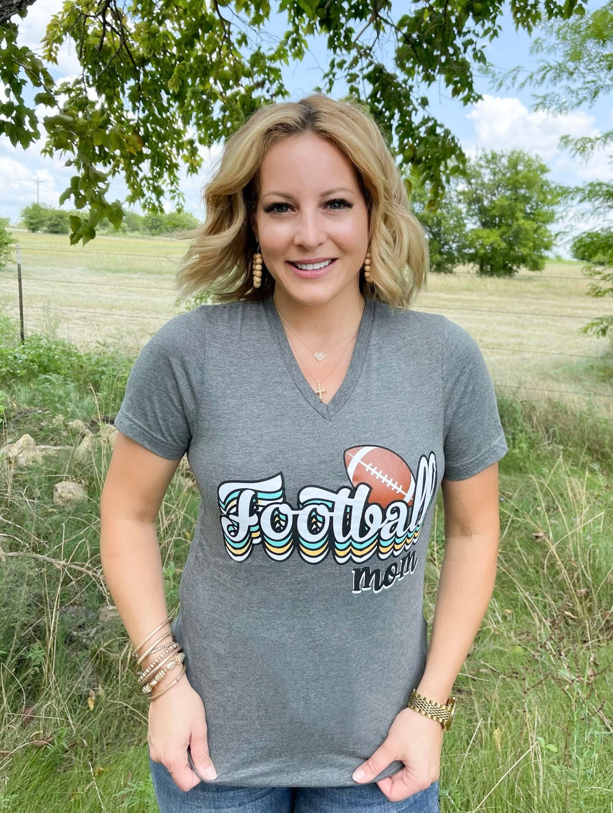 Retro Style Football Mom V-Neck Tee