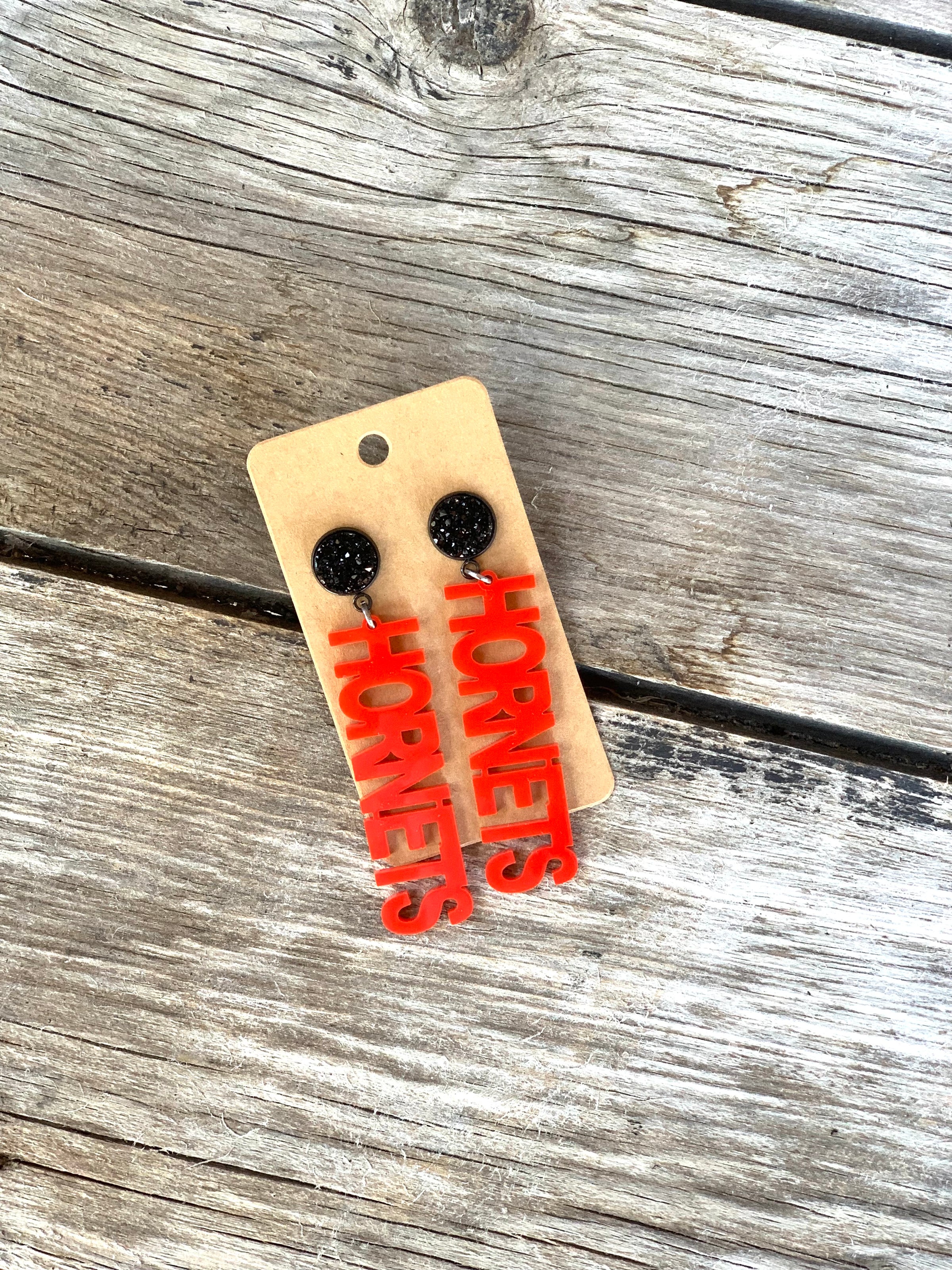 Red Hornets w/Blk Druzy Mascot Earrings