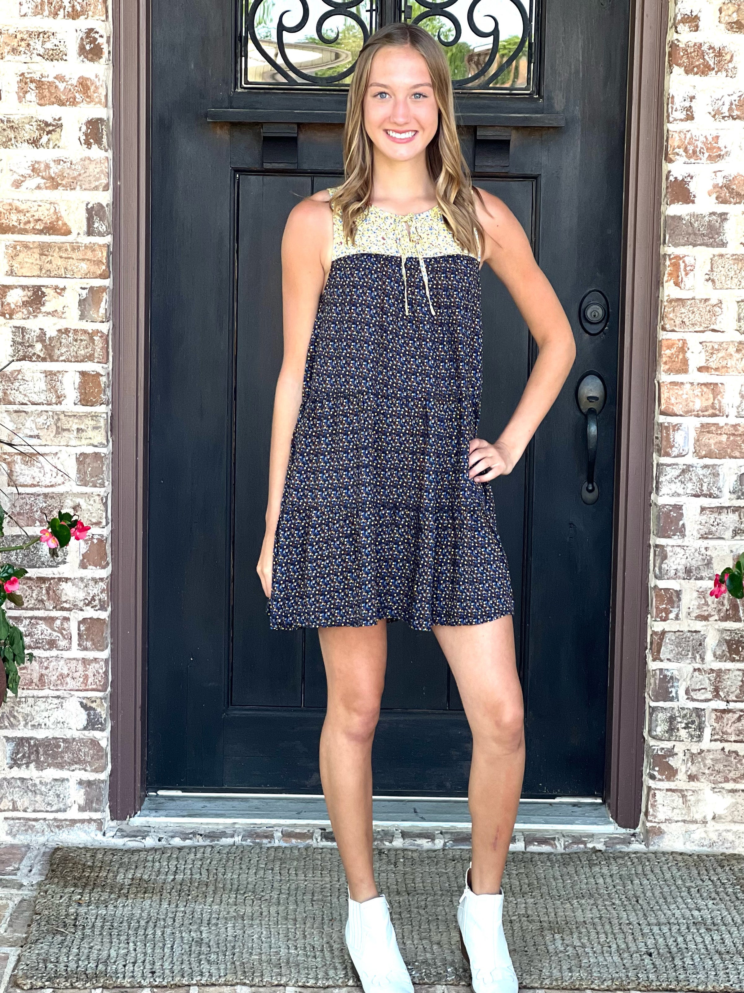 Carley Navy Mix Print Floral Sleeveless Dress