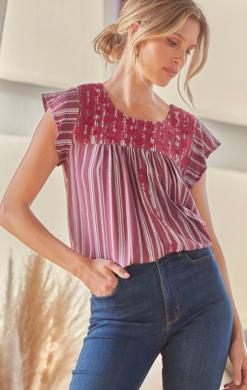 Marsala Flutter Sleeve Embroidered Top