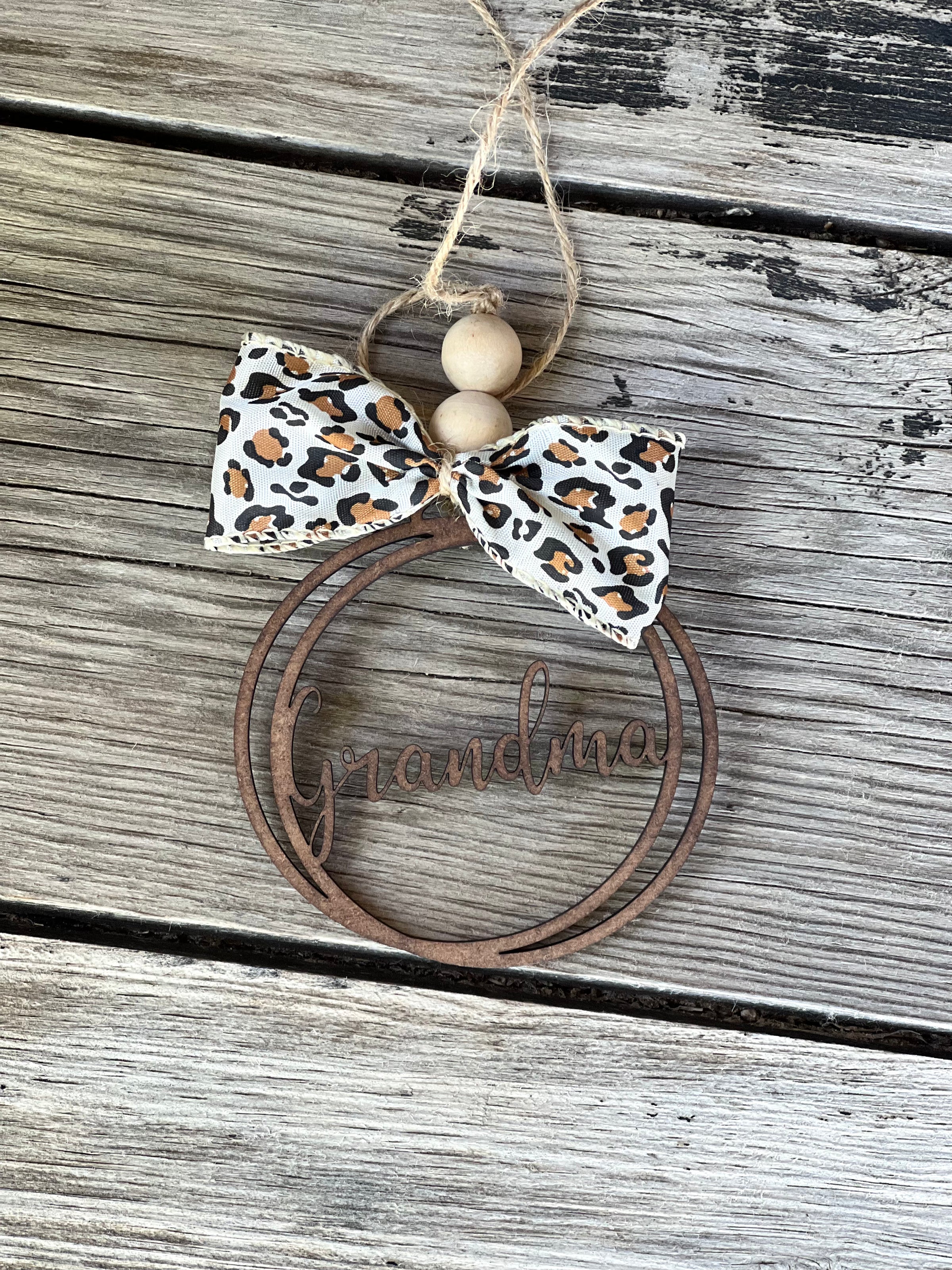 Leopard Bow & Wood Grandma Car Charm