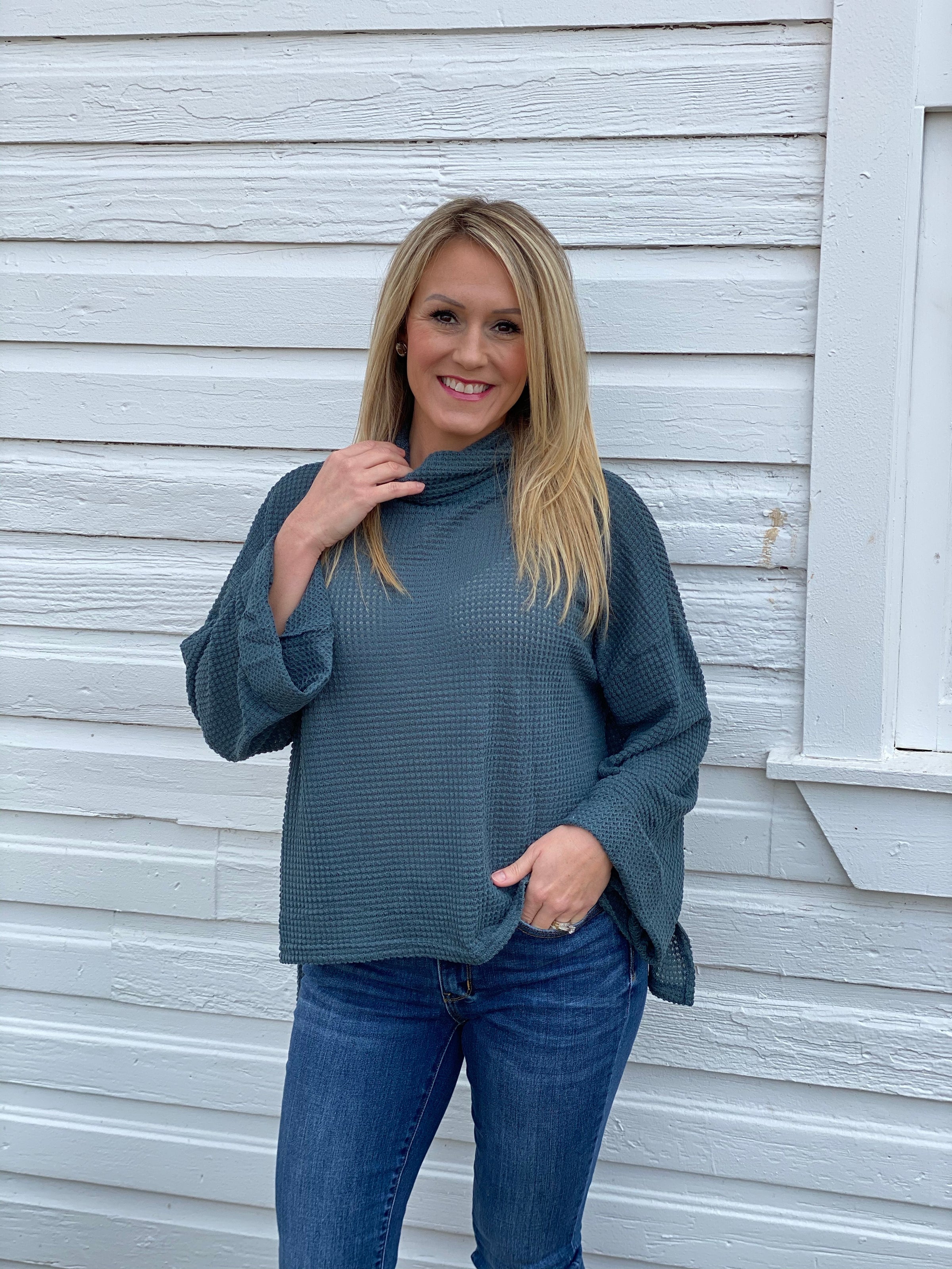 Slate Turtle Neck Pullover Waffle Top
