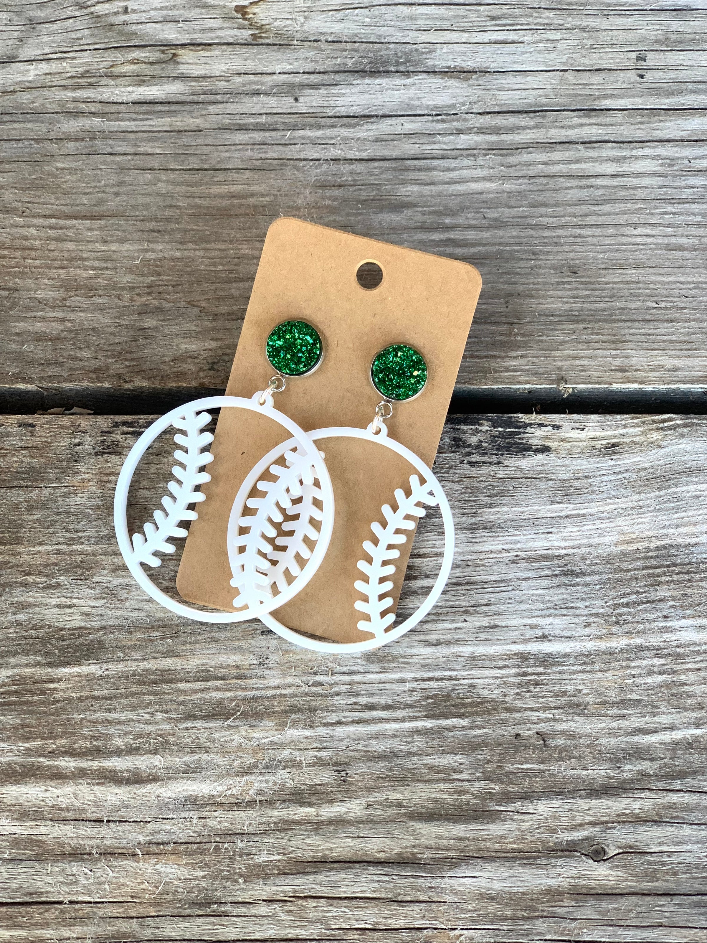 Baseball w/Green Druzy Earrings